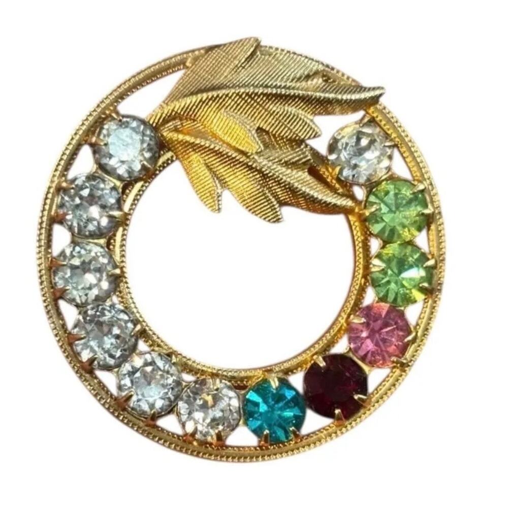 Vintage 1/20 12K Gold Filled Rhinestone Circle Brooch UV Reactive Green Stones